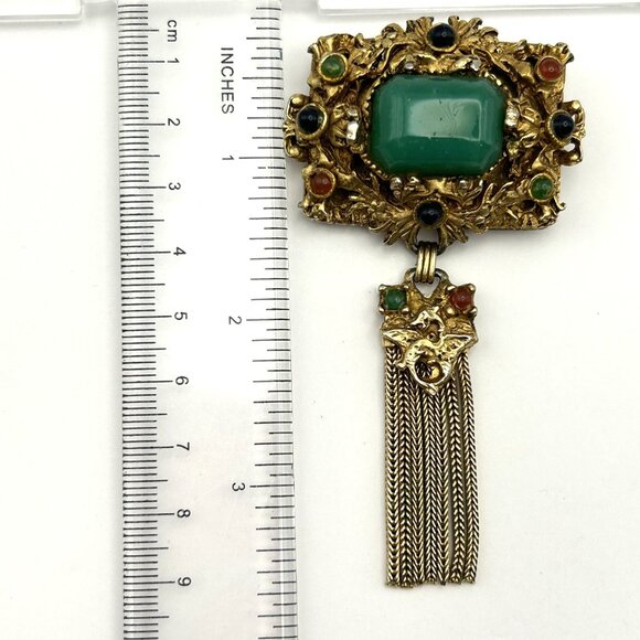 Vintage Kramer of New York Brooch Tassel Faux Jade Cabochon Gold Tone Rare - Picture 12 of 15
